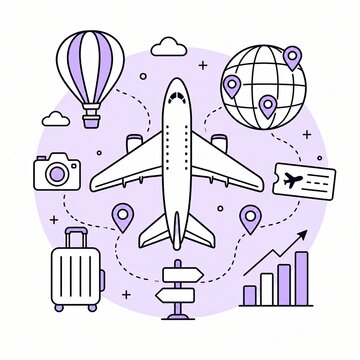 Travel airplane icon set with luggage and globe in purple line style