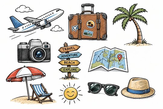 Set of colorful hand drawn travel icons for summer vacation design