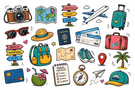 Set of colorful travel icons and holiday vacation objects in doodle style