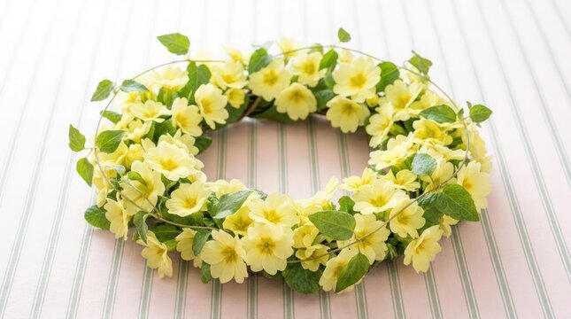 Yellow primrose flower wreath on pink stripes.