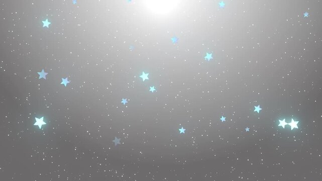 グレーのグラデーション背景に青く輝く星と粒子が降り注ぐシームレスループ動画素材