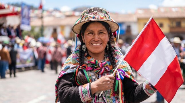 Smiling woman in traditional Peruvian clothing holding flag of Peru at street festival. National pride and cultural heritage concept. Independence day celebration