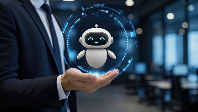 Professional businessman holding glowing miniature white ai robot avatar surrounded by digital circular data visualization elements inside corporate office space.