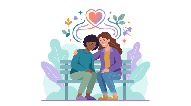 Supportive Friends Sitting on a Bench Vector Illustration