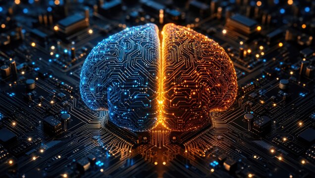 Futuristic digital brain with orange and blue circuit patterns represents artificial intelligence and dual processing capabilities on a black microchip board.
