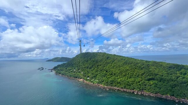 Hon Thom cable car system is 7,899m long, with the highest pillar 174m - the world's longest three-wire cable car system across the sea - connecting Phu Quoc with Hon Thom island, Kien Giang, Vietnam