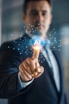 Businessman pointing finger at glowing ai button with circuit lines suggesting digital transformation and leadership in artificial intelligence development.