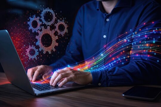 Software developer hands typing on laptop with binary code gears and digital data streams representing automation and programming for modern technology systems.