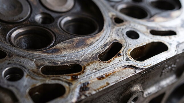 Close up macro view of a dirty dismantled car engine cylinder head showing valves and oily metal texture