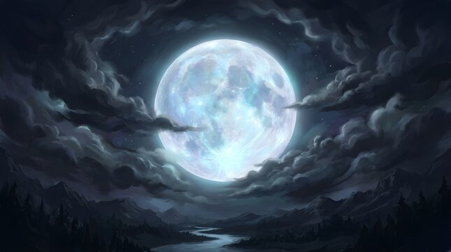 A dramatic halloween night scene featuring a bright full moon piercing through dark swirling clouds