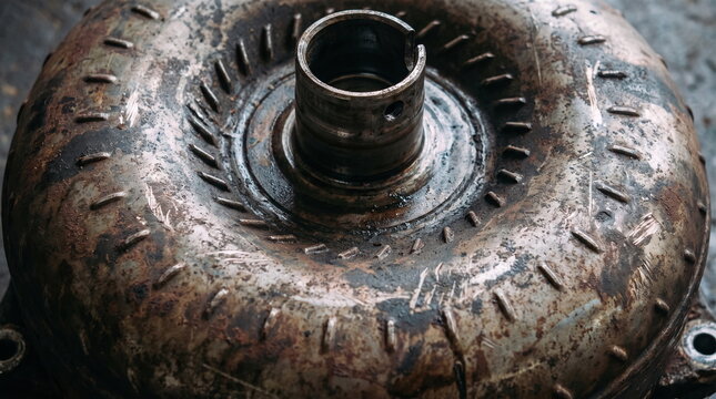Close up of an old rusted automatic transmission torque converter covered in dirt and oil