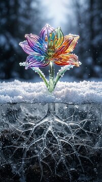 Crystal glass flower growing in winter snow with frozen roots.