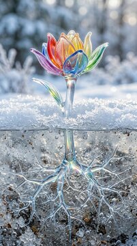 Colorful glass flower blooming from frozen roots in winter snow.