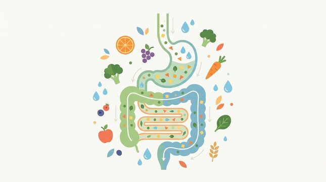 Healthy digestive system illustration showing smooth food movement, hydration, balanced nutrition and efficient digestion in a modern flat vector style.
