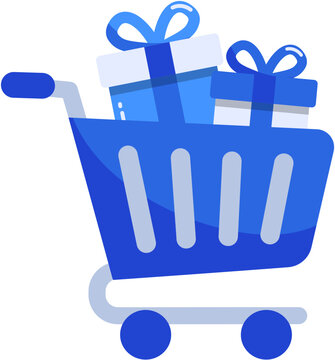 Blue shopping cart icon with gift boxes for online retail shopping and holiday discount sale concept illustration