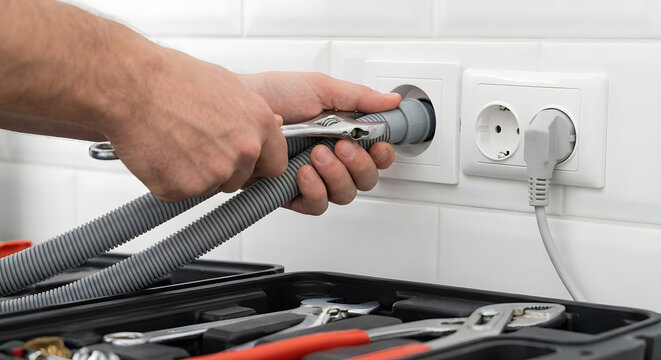 Professional Washing Machine Drain Hose Installation Service | Plumber Connecting Appliance Drain Pipe with Wrench | Technician Installing Laundry Machine Water Drainage Pipe 