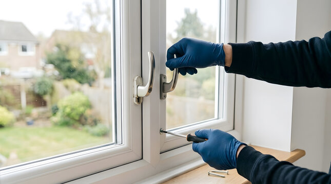 Professional Window Handle Installation and Repair Service | Handyman Repairing uPVC Window Lock with Screwdriver | Technician Fixing Modern Double Glazed Window Mechanism 