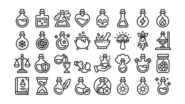 set of black line icons for alchemy lab or chemistry science