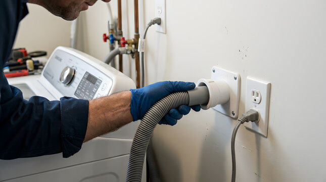 Plumber Connecting Washing Machine Flexible Drain Hose to Wall Pipe | Close Up of Hand Installing Grey Flexible Drain Hose into Wall Outlet | Technician Connecting Washing Machine Water Discharge Pipe