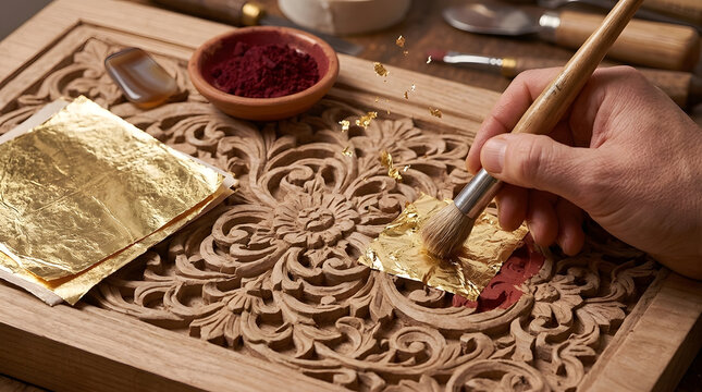 Artisan Applying Gold Leaf Foil onto Carved Wooden Panel | Craftsperson Gilding Carved Wood Ornament with Soft Brush | Close Up of Hand Gilding Carved Wood Panel with Gold Leaf 