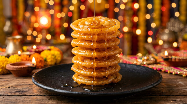 Honey Dripping on Stack of Crispy Golden Jalebi Sweets | Close Up of Sweet Syrup Pouring on Stacked Indian Jalebi | Traditional Indian Sweet Jalebi Stacked with Dripping Sugar Syrup 