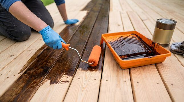 Applying Dark Protective Stain to Wooden Decking Planks | Worker Staining Outdoor Timber Deck with Paint Roller | DIY Wood Deck Restoration and Protective Sealer Application