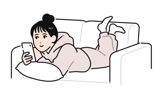 ソファでくつろぎながらスマートフォンを見るまとめ髪の若い女性のシンプルなベクターイラスト素材