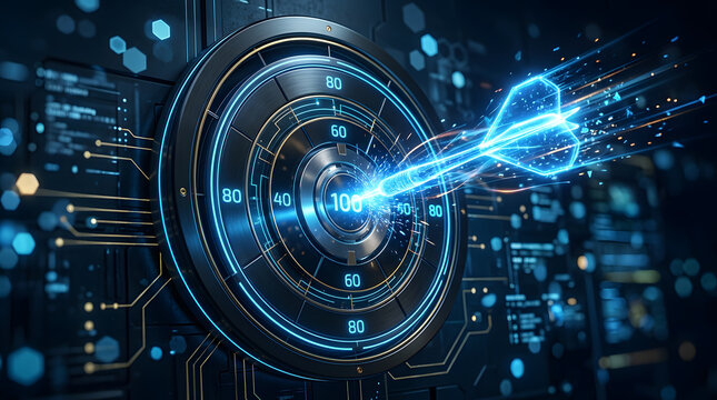 uturistic Holographic Dart Hitting Bullseye Center Target Concept | Digital Hologram Dart Striking 100 Center Score on Tech Target Board | Cyberpunk Target Concept with Glowing Energy Dart Hitting