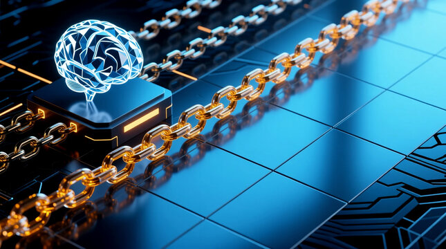 A pristine 3D isometric render of glowing digital neural brain processor secured by golden blockchain chains for intellectual property innovation protection