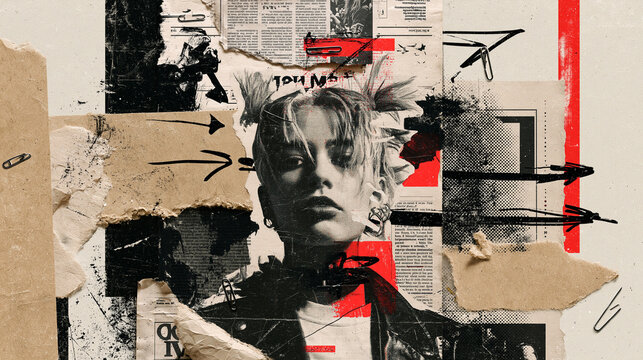 Punk girl portrait in grunge mixed media paper collage art