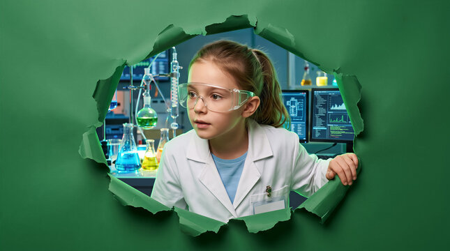 Young girl in lab coat and safety goggles peering through torn green paper into science lab. Education, STEM, child scientist, curiosity, learning.