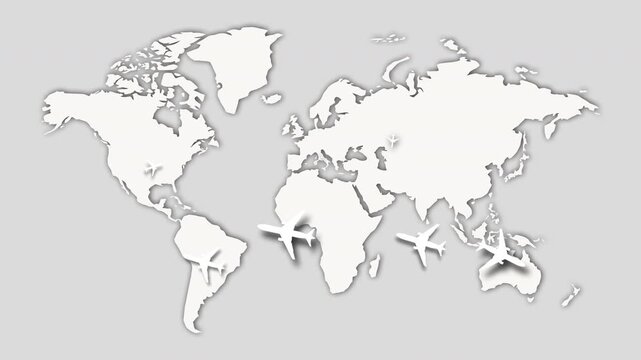 Stylish animation of cargo and passenger aircraft flying along various trajectories from takeoff to landing on different continents. Air transport animation in white tones.