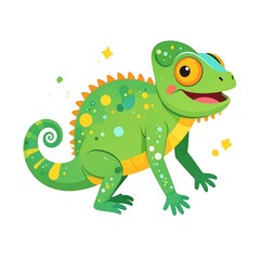 Naklejka premium Cartoon green frog sitting on lily pad with flowers.
