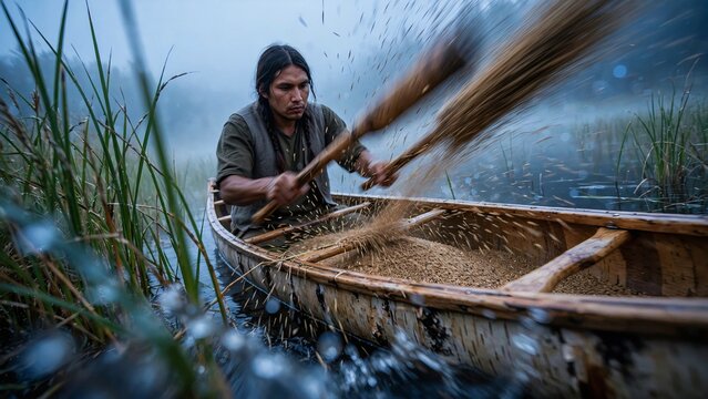 Native American man in a birchbark canoe gathering traditional wild rice Zizania using wooden knocking sticks on a misty lake during autumn harvest