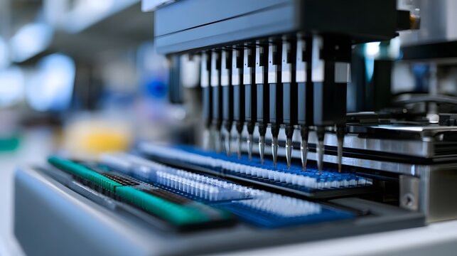 Automated liquid handling system with multiple pipette tips positioned over microplate wells in a laboratory setting