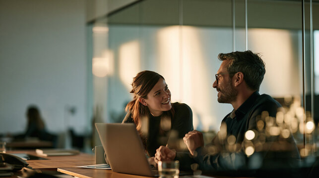 Business partners talking and using laptop in modern office