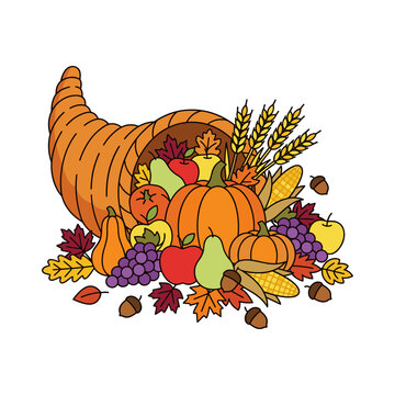 Thanksgiving Cornucopia Illustration with Harvest Fruits and Vegetables