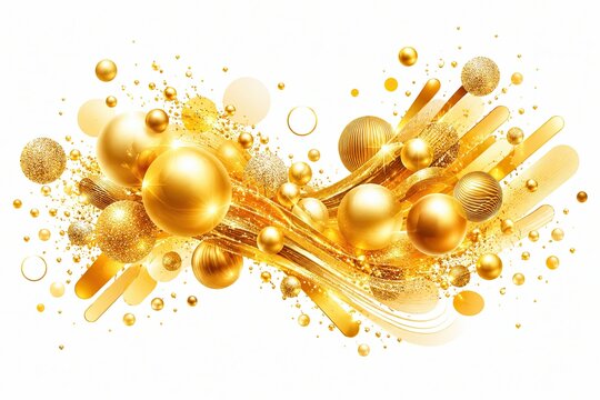Shiny gold Christmas ornaments and glitter sparkles on white background
