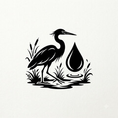 Fototapeta premium Black and white heron bird with water drop symbol