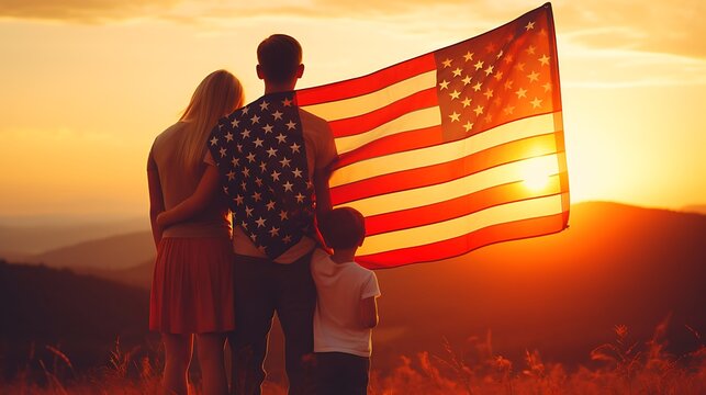 Family wrapped in american flag standing together at sunset landscape.