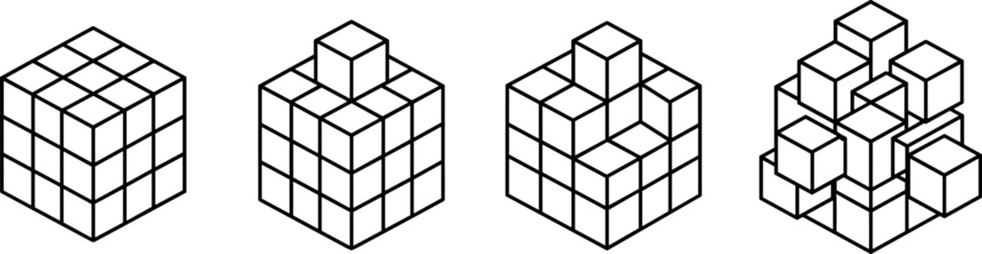 Isometric Cubes And Block Grid Structures Vector Set With Geometric 3D Shapes And Patterns