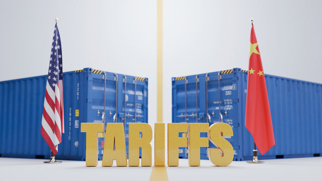 US and China trade war concept with flags, cargo shipping containers, and golden TARIFFS text. international trade conflict, economic crisis, customs duty, and import taxes.