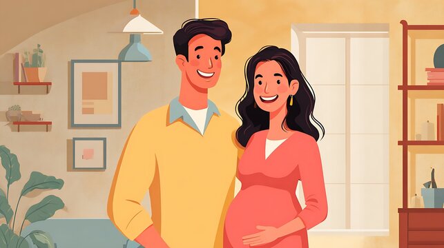 Cheerful pregnant woman with husband standing in cozy living room.