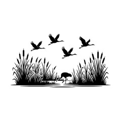 Naklejka premium Black silhouette of cranes flying over marsh with cattails
