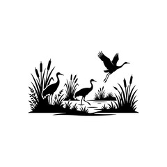 Naklejka premium Black silhouette of cranes in a swamp with cattails