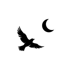 Naklejka premium Black silhouette of a bird flying under a crescent moon