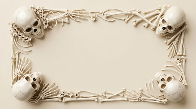 A creatively arranged frame made of realistic human skulls and assorted bones set on a simple neutral beige backdrop for frightening designs