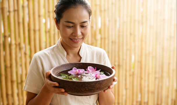 Spa therapist holding wooden bowl with orchids, water, and ripples against bamboo background for wellness and relaxation concept.