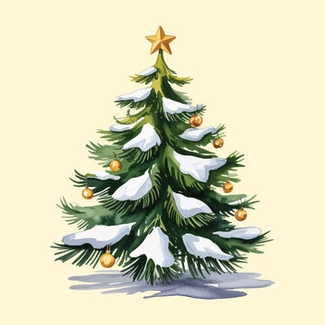 Festive snowy Christmas pine tree clipart with shining star, winter branches, holiday ornaments, frosty details, and traditional seasonal decoration