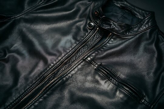 Close Up of Black Leather Jacket Zipper and Texture
